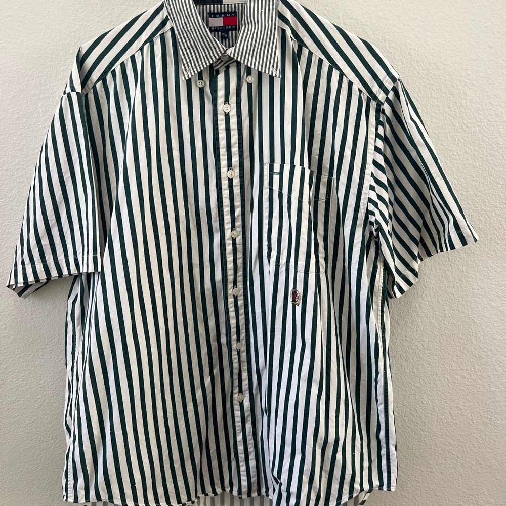 Tommy Hilfiger Green and White Striped Men's Shirt
